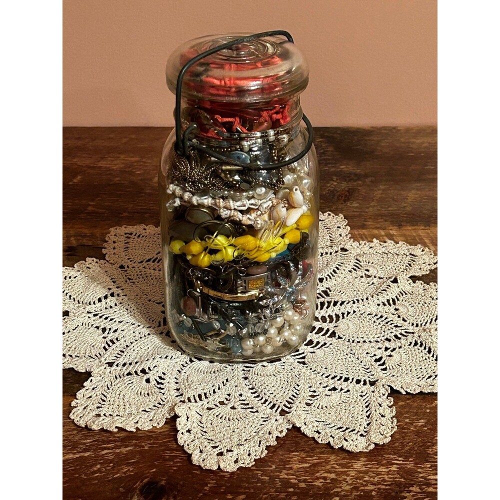 Mystery Vintage and Modern Wearable Costume Jewelry in Vintage Ball Ideal Jar
